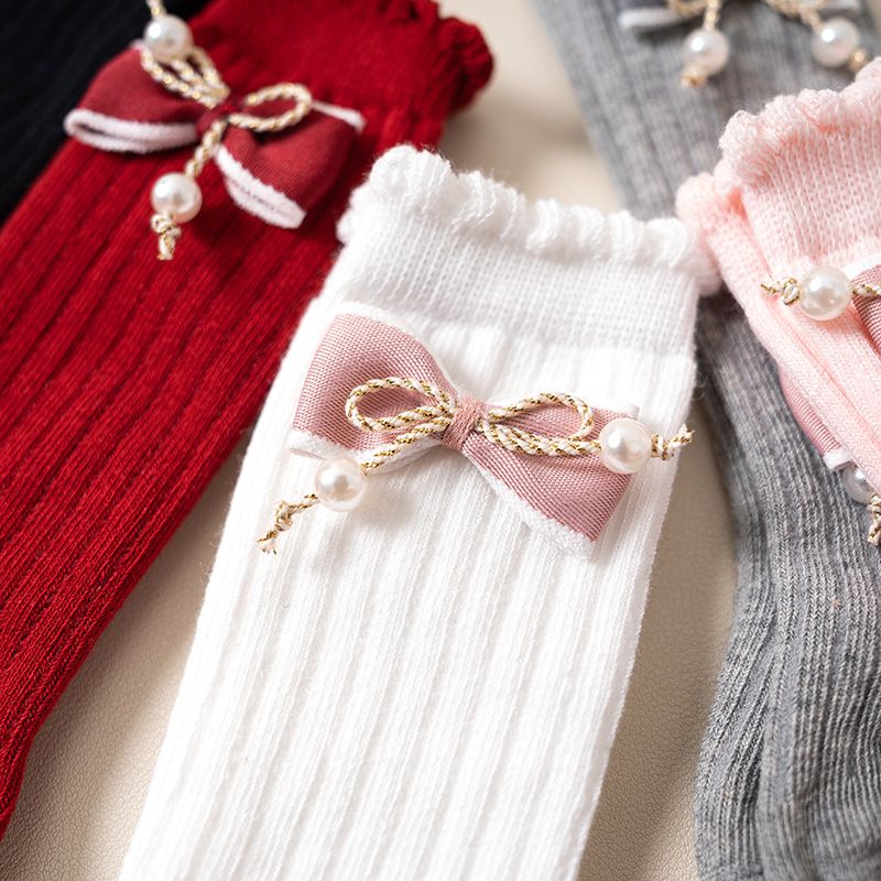 Mother & Kids Stacked Socks Solid Color Double Needle Calf Socks Girls Baby Autumn and Winter Vertical Striped Bowknot Middle Tube Socks Wholesale_voghion.com