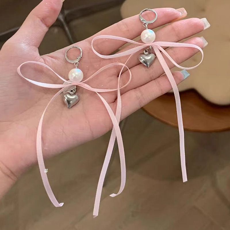 Orecchini pendenti a forma di cuore con fiocco rosa e fiocco in perle, unisex, per ragazze, con fibbie per le orecchie, dolci e delicati._voghion.com