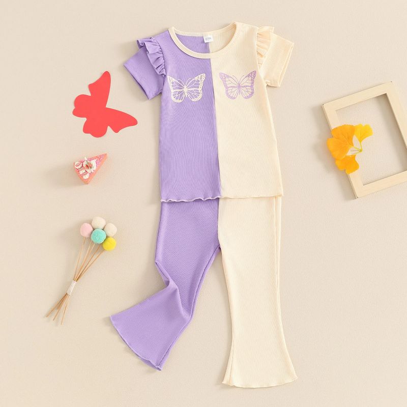 Kid's Clothing sweet versatile butterfly print color matching lace short-sleeved top casual bell-bottom pants suit two-piece set_voghion.com