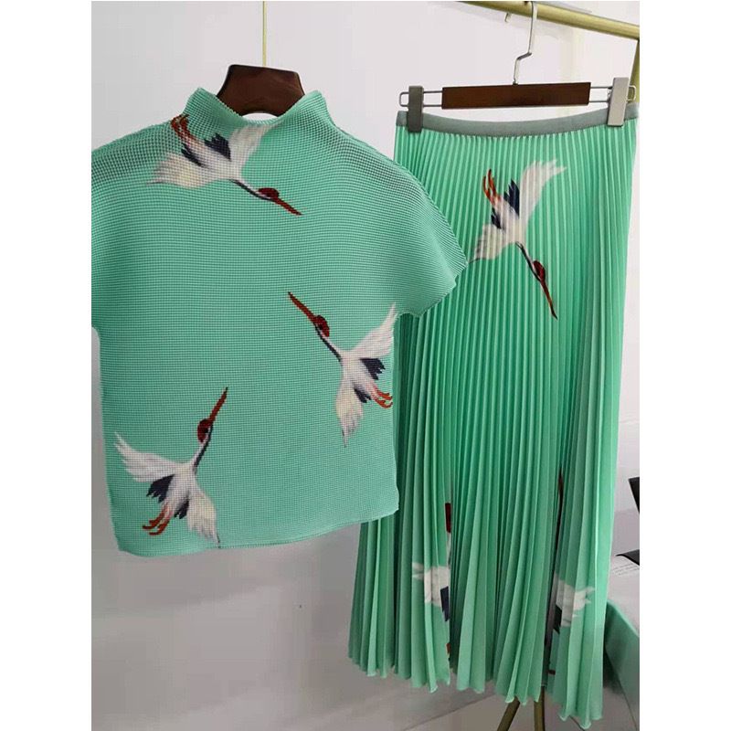 Vêtements pour femmes été nouveau style rajeunissant haut plissé extensible jupe imprimée costume de mode deux pièces_voghion.com