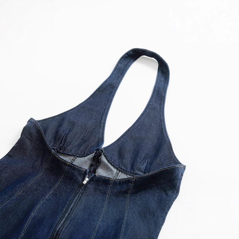 Letnia ciemnoniebieska sukienka z odkrytymi plecami i dekoltem halter dla kobiet w stylu Feng Shui, vintage, w nowym stylu_voghion.com