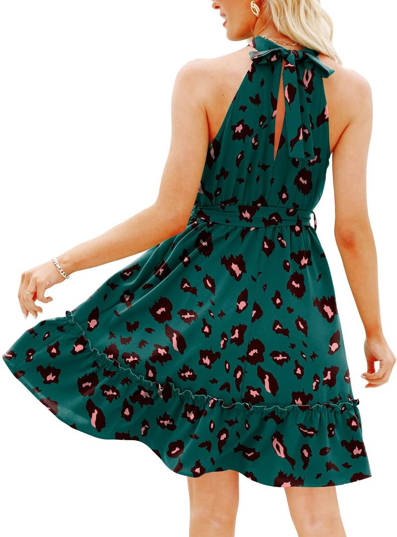 2023 Frühling und Sommer, A-Linien-Rock, Neckholder, florales Schnür-Tunika-Kleid mit offenem Rücken_voghion.com