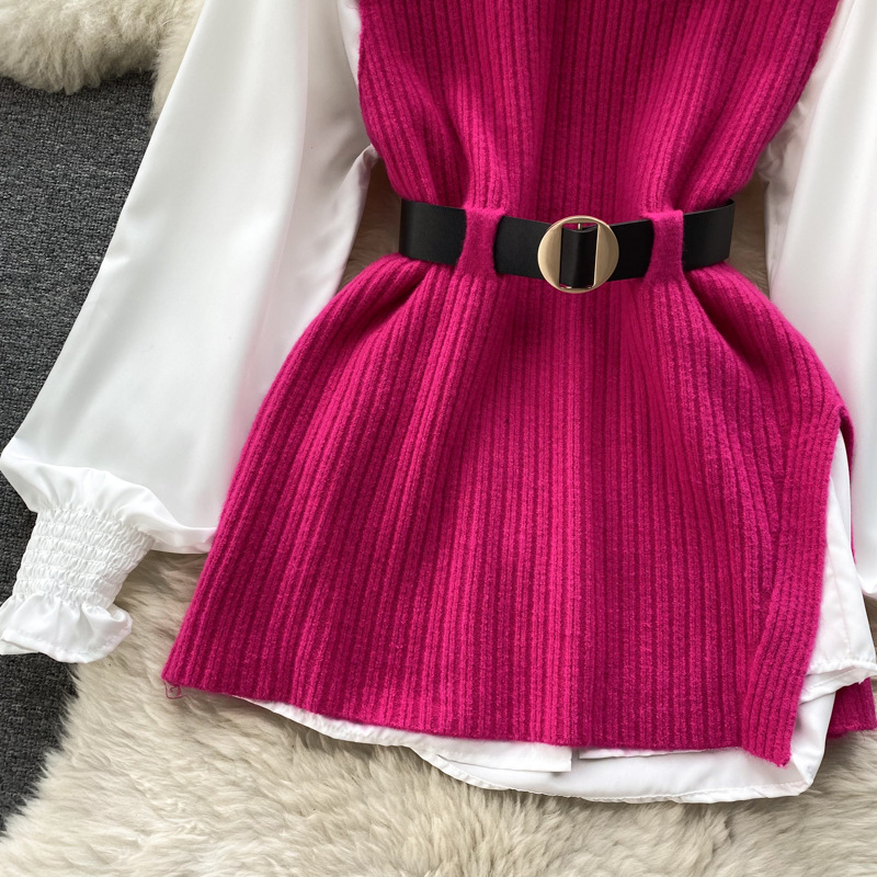 Set de două piese pentru femei, cămașă albă cu mâneci lungi și vestă din tricot despicat_voghion.com