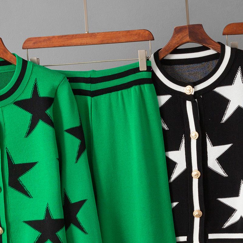 Classic Star Contrast Color Round Neck Short Fit Elegant Knit Blazer & Pants Set For Women Women's Clothing_voghion.com