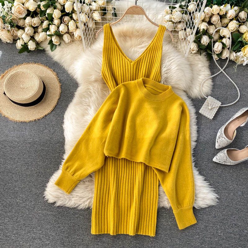 Ensemble robe en tricot à manches chauve-souris surdimensionnées – Pull décontracté à manches longues et robe midi (taille unique) – Mélange doux d'acrylique et de nylon_voghion.com