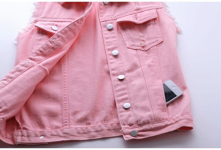 Ropa de mujer Chaleco vaquero multicolor Chaqueta corta ajustada sin mangas para mujer Cárdigan superior roto_voghion.com