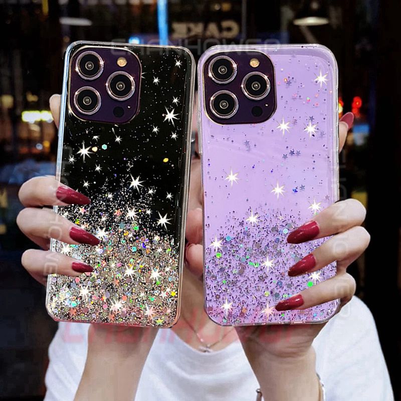 Silikonska maskica s gradijentom i svjetlucavim blistavima za iPhone 14 13 12 11 Pro Max X XR XS Max 7 6 8 Plus, luksuzna prozirna maskica sa zvijezdama_voghion.com