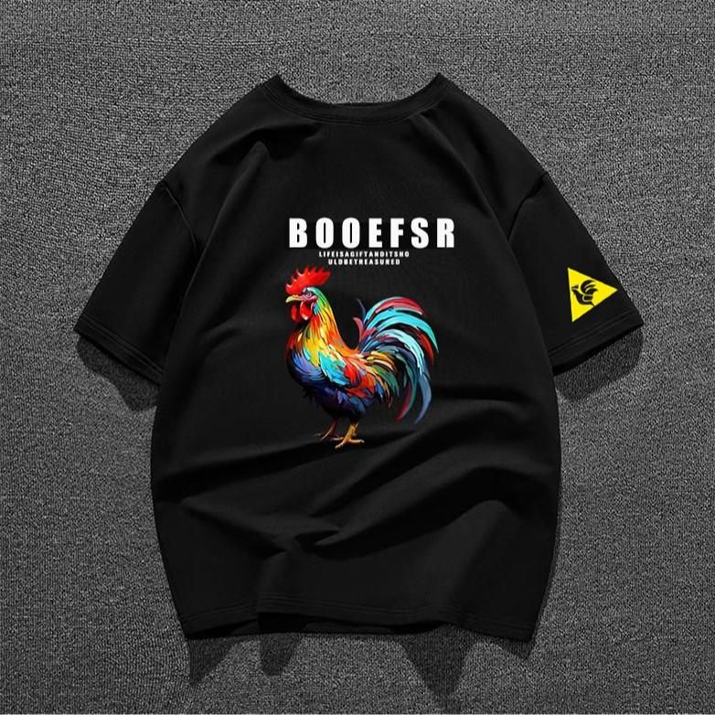 Trendiges Kurzarm-T-Shirt mit französischem Hahn für Herren, lockerer Trend, Rundhalsausschnitt, lässig, vielseitig bedruckt, reine Baumwolle_voghion.com