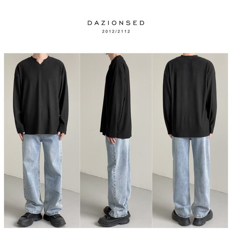Lässiges weißes V-Ausschnitt-Top mit High-End-Design, plissierter Drapierung, Rundhals-Langarm-T-Shirt, Herrentrend_voghion.com