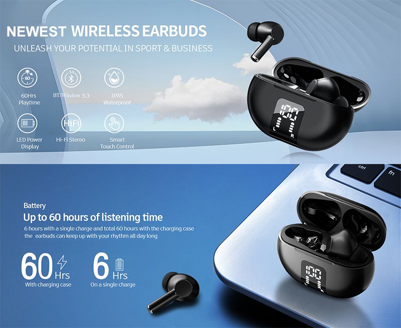 Wireless Earphone Bluetooth 5.3 Headphone 60H Playback LED Power Display Ear Buds Mic Noise Cancellation Stereo Sound_voghion.com