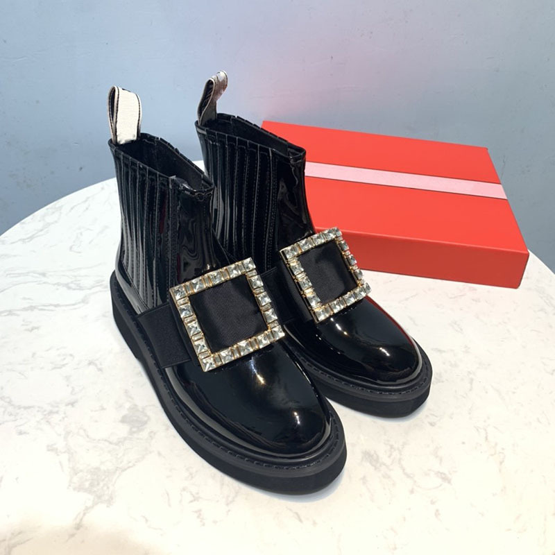 New Women's Flat Bottom Round Head Short Boots with Square Buckle Lacquer Leather Water Diamond Martin Boots Women's Versatile Shoes_voghion.com