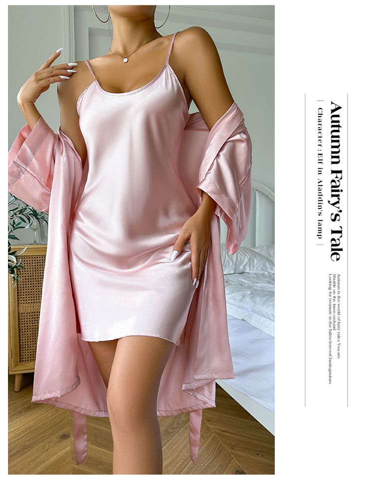 Roupas femininas camisola de seda gelada sexy pode ser usada fora de casa roupas femininas cardigã de seda simulado com suspensório saia externa roupão terno_voghion.com
