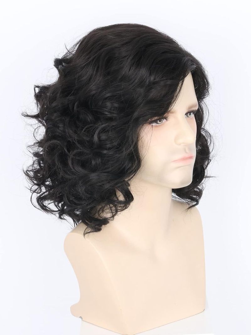 Peluca sintética con clip para hombre, nueva, negra, esponjosa, corta, rizada, con flequillo lateral y fibra química._voghion.com