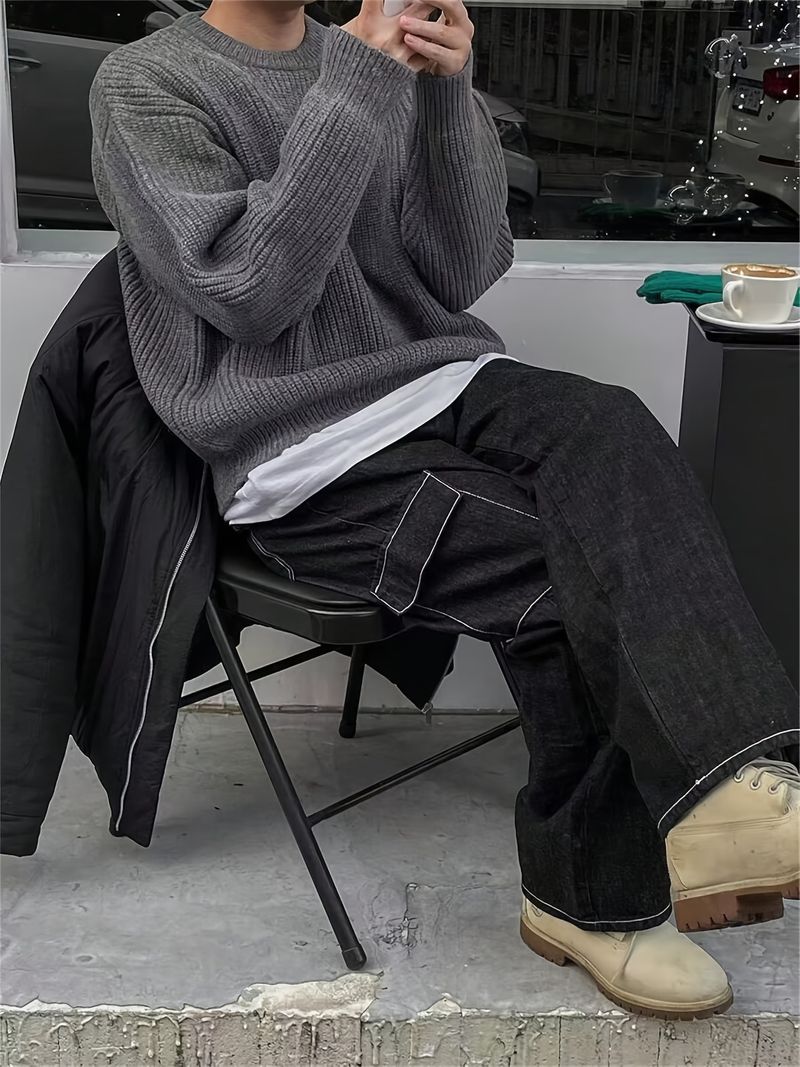 Suéter de malha cinza solto com gola redonda coreano para outono e inverno, estilo versátil para homens_voghion.com