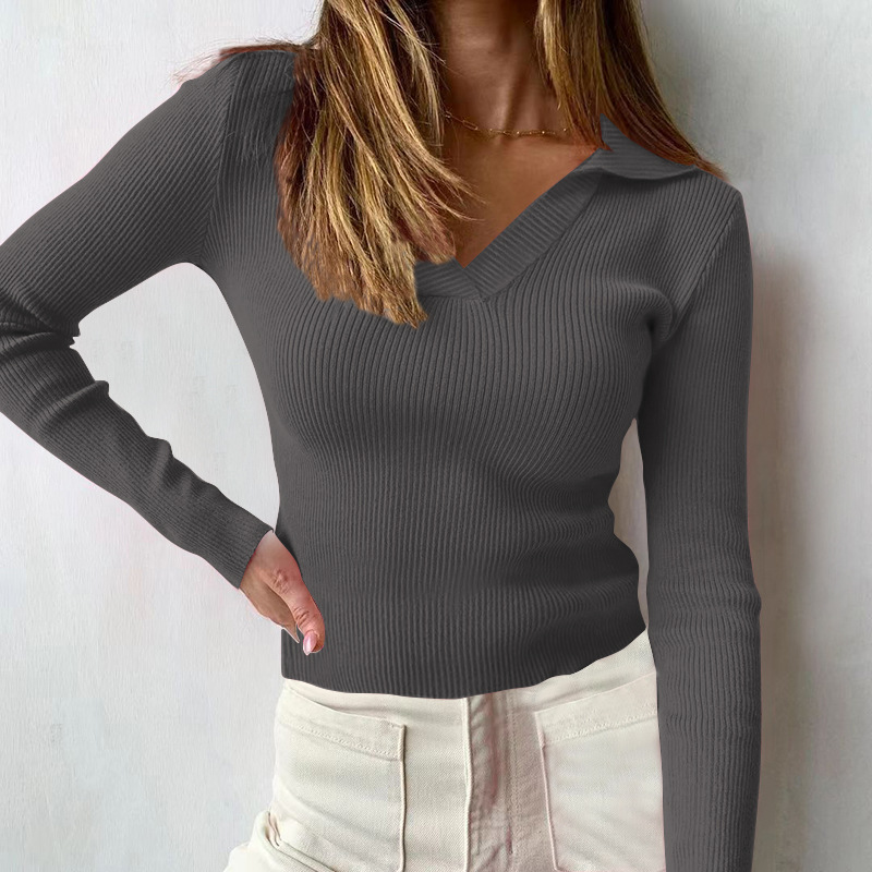 T-shirt da donna elegante con collo alto e maniche lunghe a V profonda in cotone attillato_voghion.com