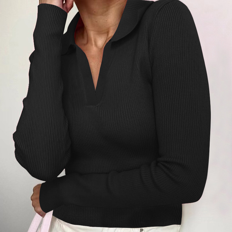 T-shirt da donna elegante con collo alto e maniche lunghe a V profonda in cotone attillato_voghion.com