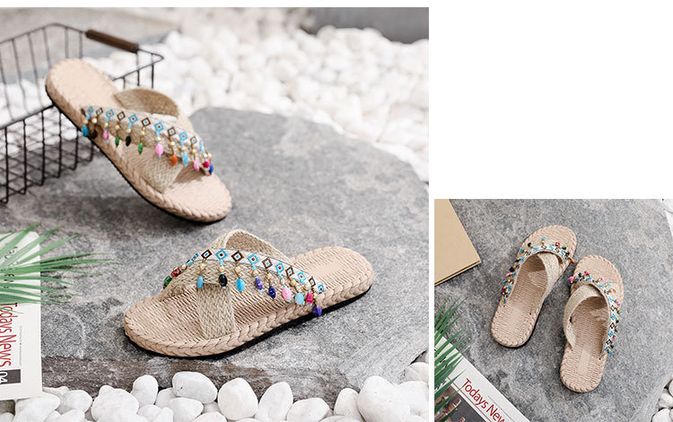 Die neueste Internet-Berühmtheit von 2024 Handgefertigte Hausschuhe für Damen Sommer-Oberbekleidung Bohemian Fashion Tassel Ethnic Style Slope High Heel Beach_voghion.com
