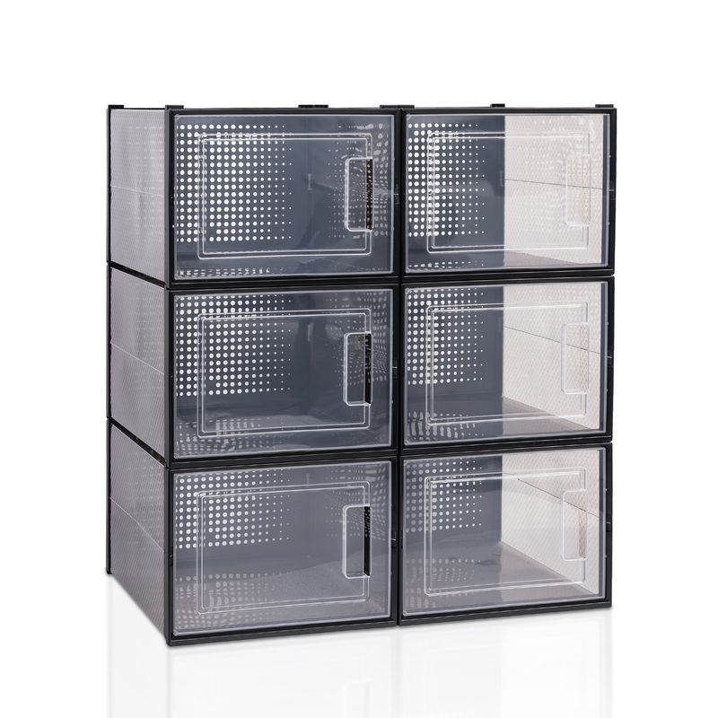 Storage Shoe Box; Foldable Clear Sneaker Display Box; Stackable Storage Bins Shoe Container Organizer; 6 Pack - Black_voghion.com
