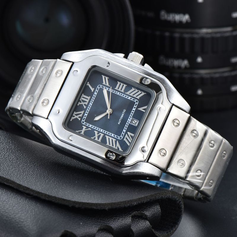 Men's Stainless Steel Square Analog Quartz Watch With Date Display, Business Casual Timepiece, 40.5mm Case, Butterfly Clasp_voghion.com