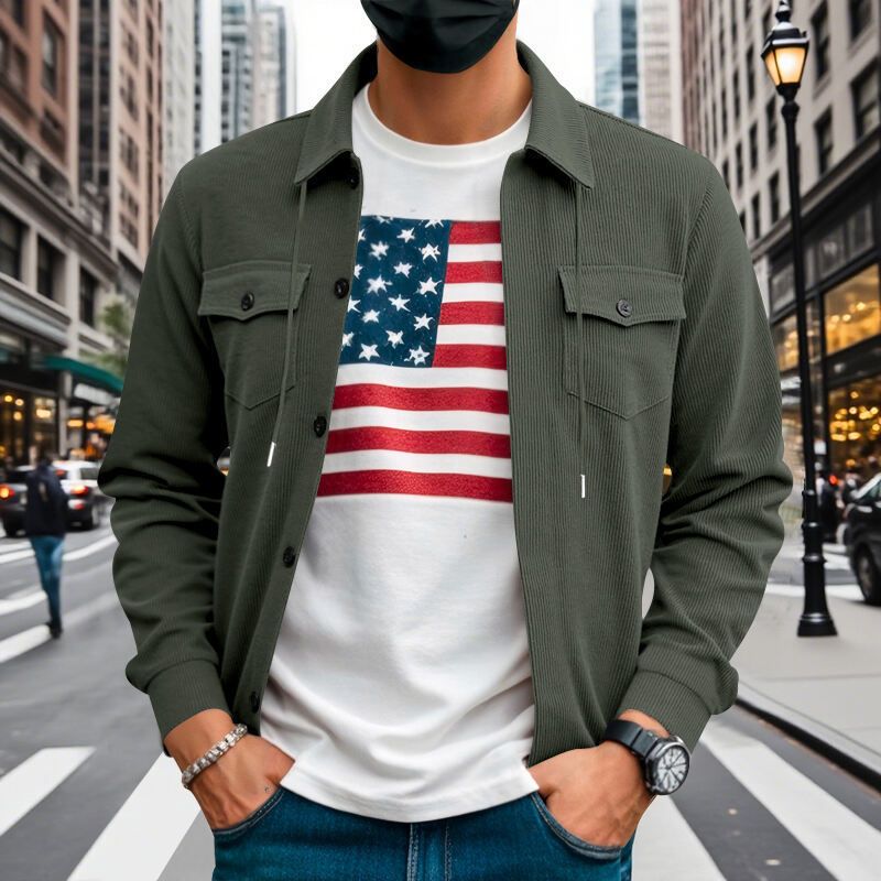 Autumn American Heavy Corduroy New Simple Versatile Multi Pocket Long Sleeved Stand Up Collar Jacket Men's Clothing_voghion.com