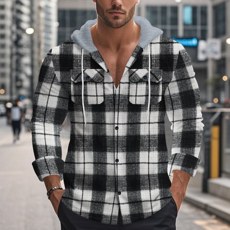 Camicia casual alla moda da uomo in stile americano, autunno inverno, con cappuccio, in flanella jacquard a quadri_voghion.com