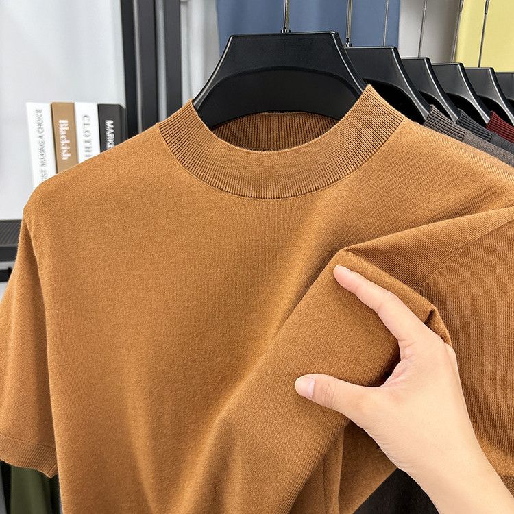 Kurzärmliges T-Shirt aus Maulbeerseide aus Wolle für Herren mit halbem Rollkragen, dünner blauer Strickpullover mit halben Ärmeln für Herren_voghion.com