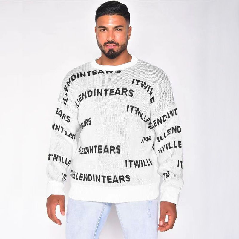 Men's Knit Letter American High Street Leisure Round Neck Loose Soft Waffle Pullover Top Men_voghion.com