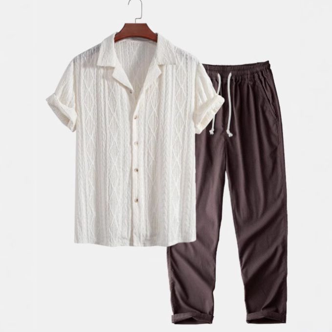 Men's Stylish Short Sleeve Linen Shirt & Pants Set With 3D Digital Print - Comfortable Summer Outfit For Casual Wear_voghion.com