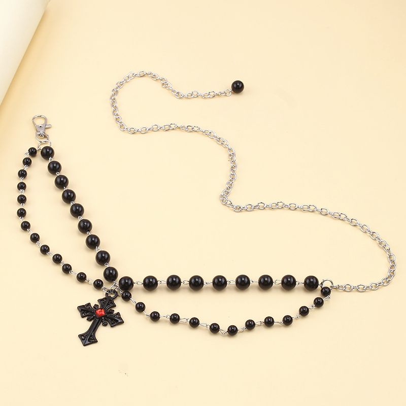 Accessories Gothic Dark Style Fashion Cross Temperament Waist Chain Black Pearl Accessories_voghion.com