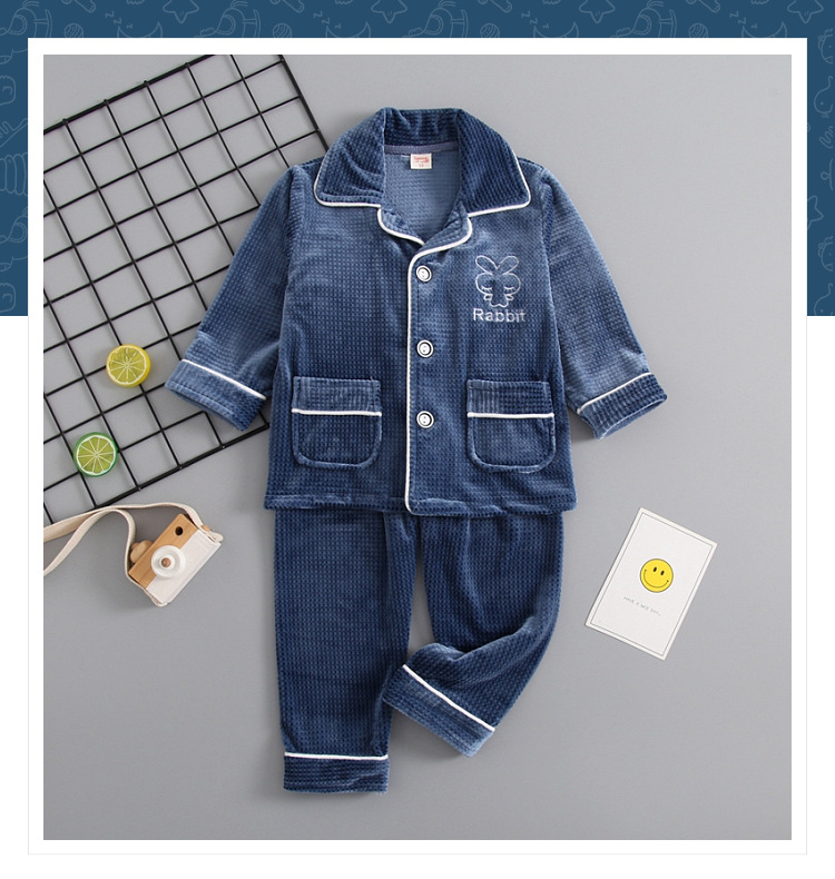 Conjunto de pijamas de terciopelo de doble cara para niños, ropa de hogar de terciopelo Coral elástico cálido para niños y niñas en otoño e invierno_voghion.com