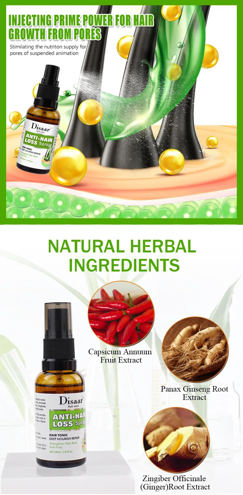 Fast Hair Growth Spray Hair Repair Natural Ginger Ginseng Extract Anti Hair Loss Hair Oil Beauty and Hair Care Serum Hair Loss_voghion.com