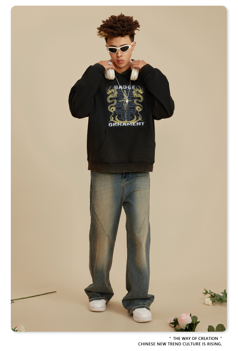 Abbigliamento da uomo Felpa con cappuccio Hipster con bordi stampati a lavaggio pesante, felpa con cappuccio hipster ampia da uomo_voghion.com