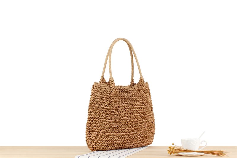 Slouchy Borsa intrecciata a mano in tinta unita Bocca a pieghe Borsa a spalla singola in paglia Borsa per pendolari per le vacanze_voghion.com