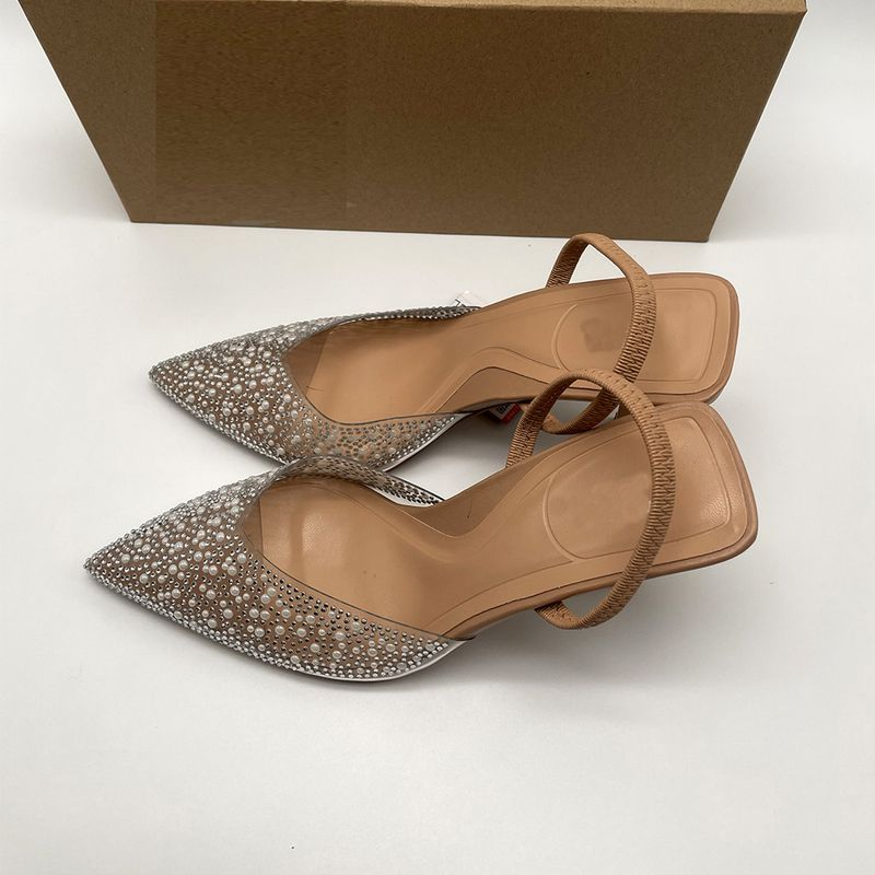 p9French high-heeled women's shoes pointed toe black rhinestones shallow mouth with empty back straps and slingback_voghion.com