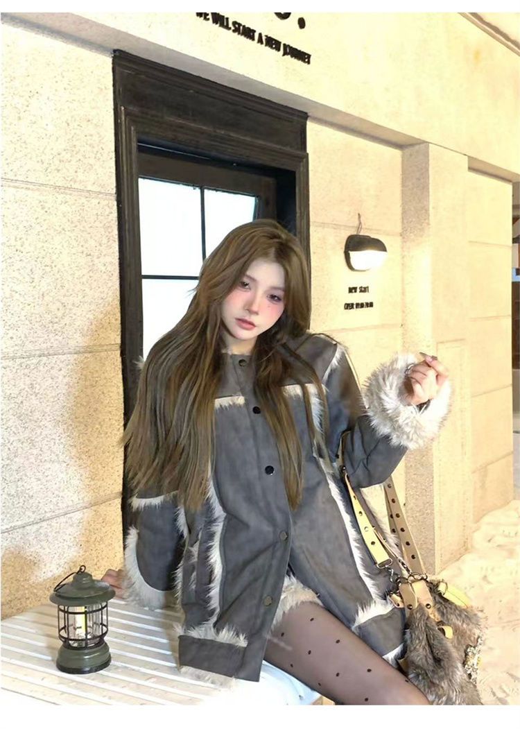 Grau Kran Silber Schnee Winter Neue frauen Anzug Elegante Pelzigen Patchwork High-end-Mantel Vielseitig Mode Shorts_voghion.com