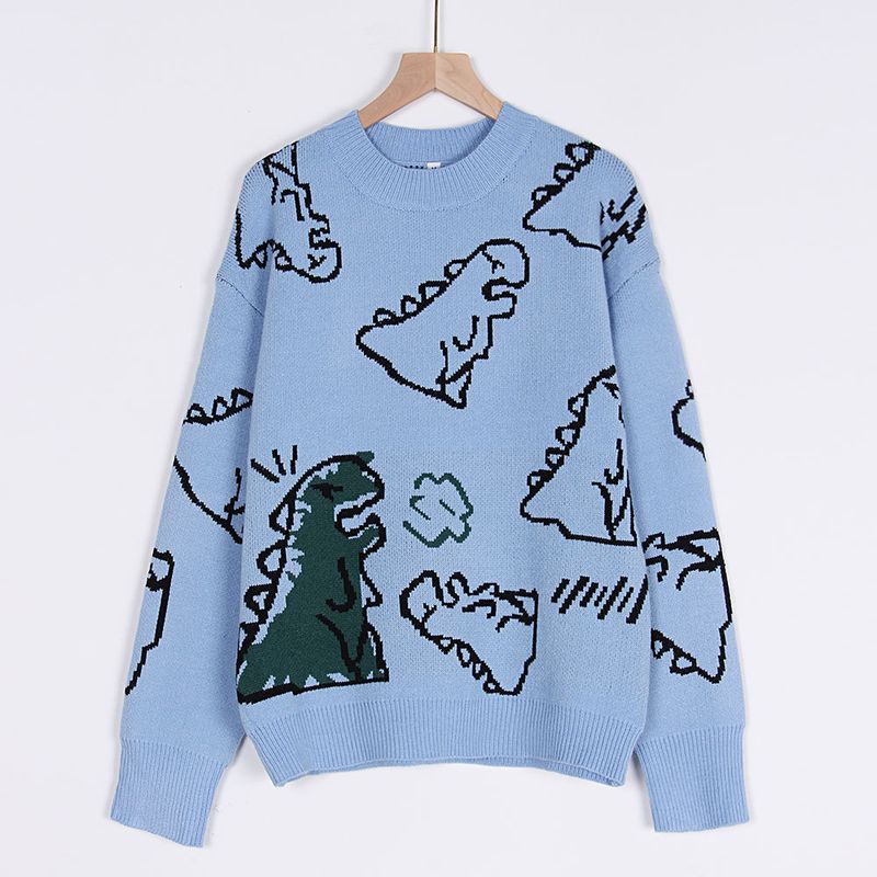 Women's Clothing long sleeved sweater autumn and winter new round neck loose cartoon dinosaur sweater_voghion.com