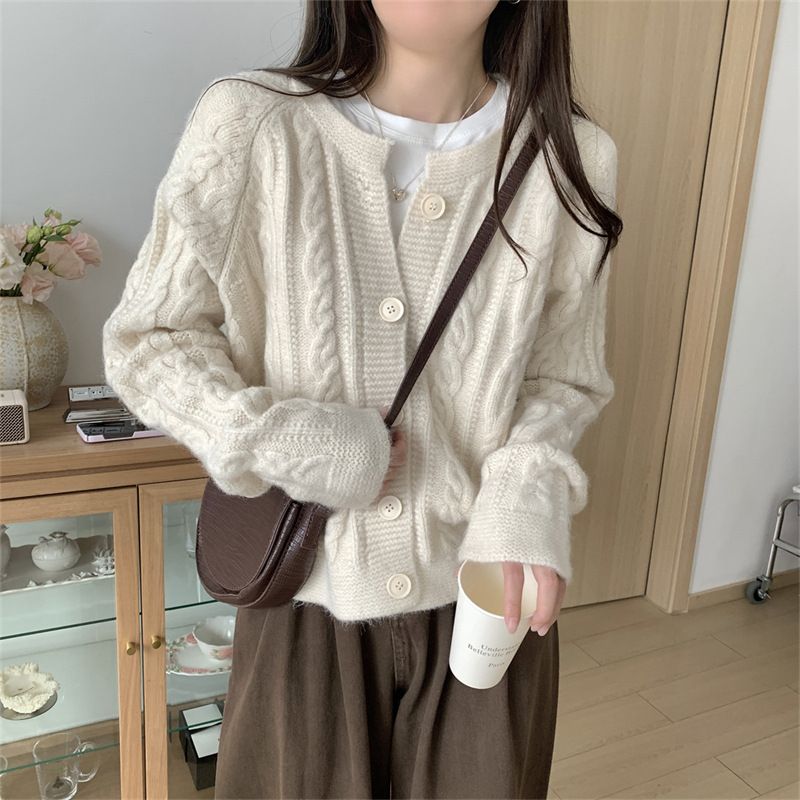 Warm and soft glutinous twisted sweater coat for women autumn and winter new Japanese lazy style loose short knitted cardigan top_voghion.com