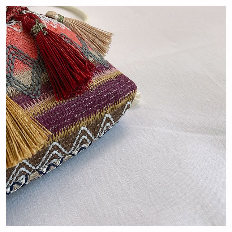 Borsa a secchiello da donna, stile etnico, borsa a tracolla con coulisse e nappa, borsa a secchiello da donna_voghion.com