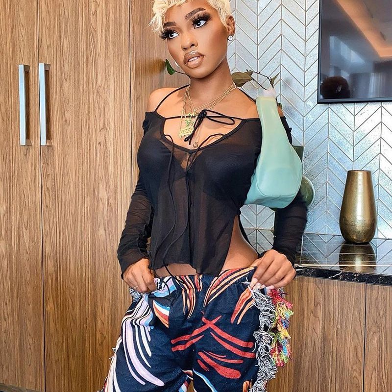 Plus Nine Q21TP300 Summer New Solid Color Lace up Neck Hanging Perspective Split Long sleeved Women's Top_voghion.com