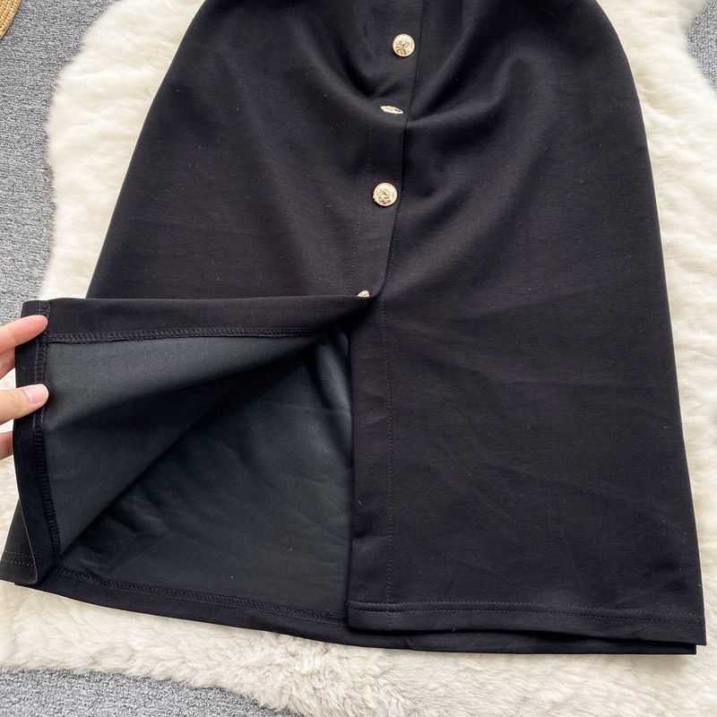 Design Sense Zweiteiliges Denim-Kleid mit kurzen Ärmeln, Kontrastnähten und Knöpfen in mittlerer Länge und Temperament_voghion.com