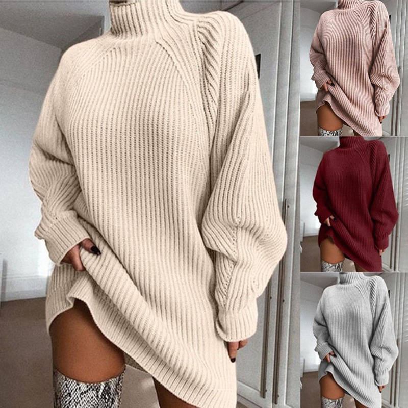 Autumn and Winter New Wish Knitted Sweater Solid Color Mid-Length Raglan Sleeve Half Turtleneck Sweater Dress for Women_voghion.com