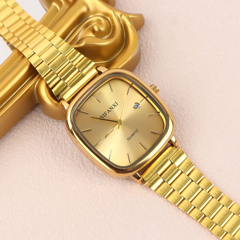 Neutral Style Steel Band Gold Small Square Calendar High-End Feel Unisex Commuter Wristwatch Gold Brick Quartz Watch_voghion.com