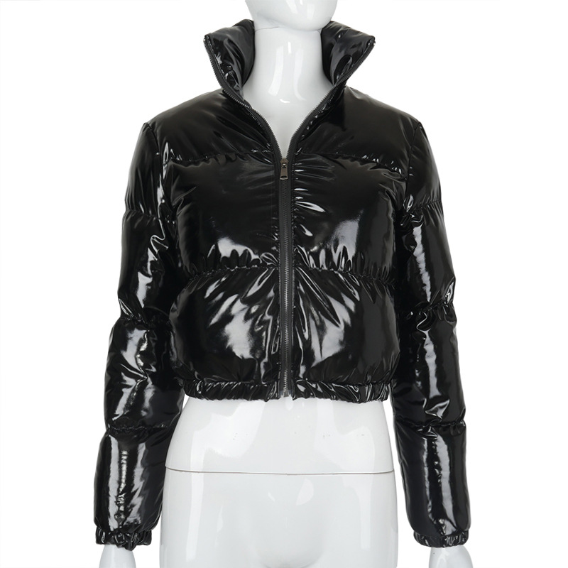 Femei de iarnă cald puffer jachete la modă parka stand guler fermoar față crop palton mânecă lungă ușoară cu bule_voghion.com