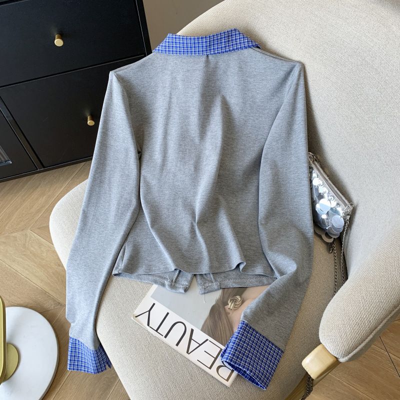 Maglietta a maniche lunghe con colletto polo da donna, nuova primavera, versatile, a quadri con pieghe e colori a contrasto_voghion.com