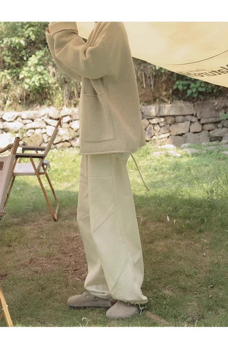 Cappotto cardigan in maglia allentata languido color farina d'avena primaverile e autunnale_voghion.com