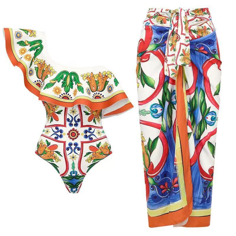 Costume da bagno bikini monospalla elegante da donna con gonna avvolgente in chiffon – Vita alta, push-up, copertura modesta per spiaggia e piscina_voghion.com