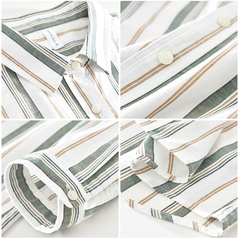 2838 Camicia da uomo in lino e cotone con maniche a 3/4, stile letterario e fresco, a righe, sottile e ampia, con scollo quadrato, pezzo unico, per la sostituzione dei capelli._voghion.com