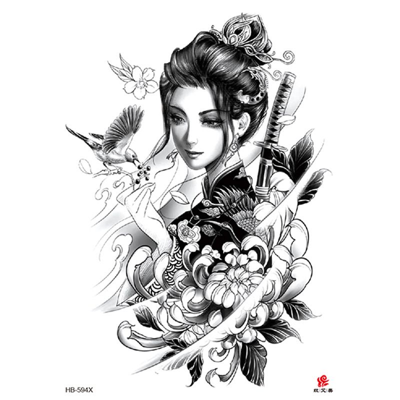 Adesivo per tatuaggio impermeabile con bellezza di geisha e braccio floreale_voghion.com
