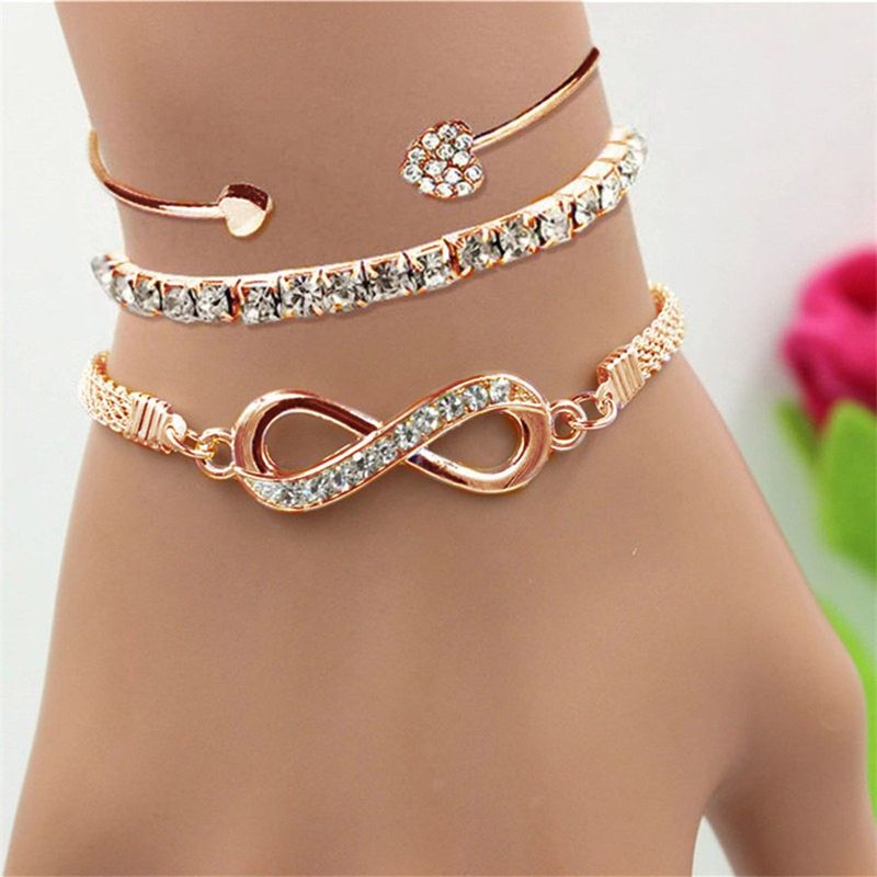 Unique Infinite Figure-8 Bracelet Versatile Heart Open Bangle Inlaid With Diamonds Infinity Symbol Alloy 3-Piece Set For_voghion.com