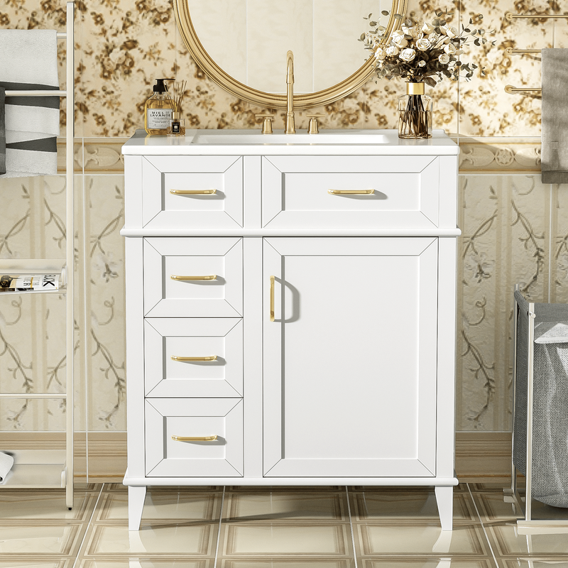 30-Inch Bathroom Vanity With Ceramic Sink, Adjustable Shelf, Soft Close Door, And Three Soft Close Drawers_voghion.com